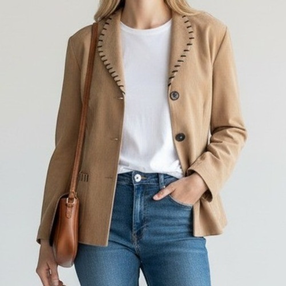 Studio 1940 Whipstitch Trim Faux Suede Blazer Womens 12 Tan Western Office Siren